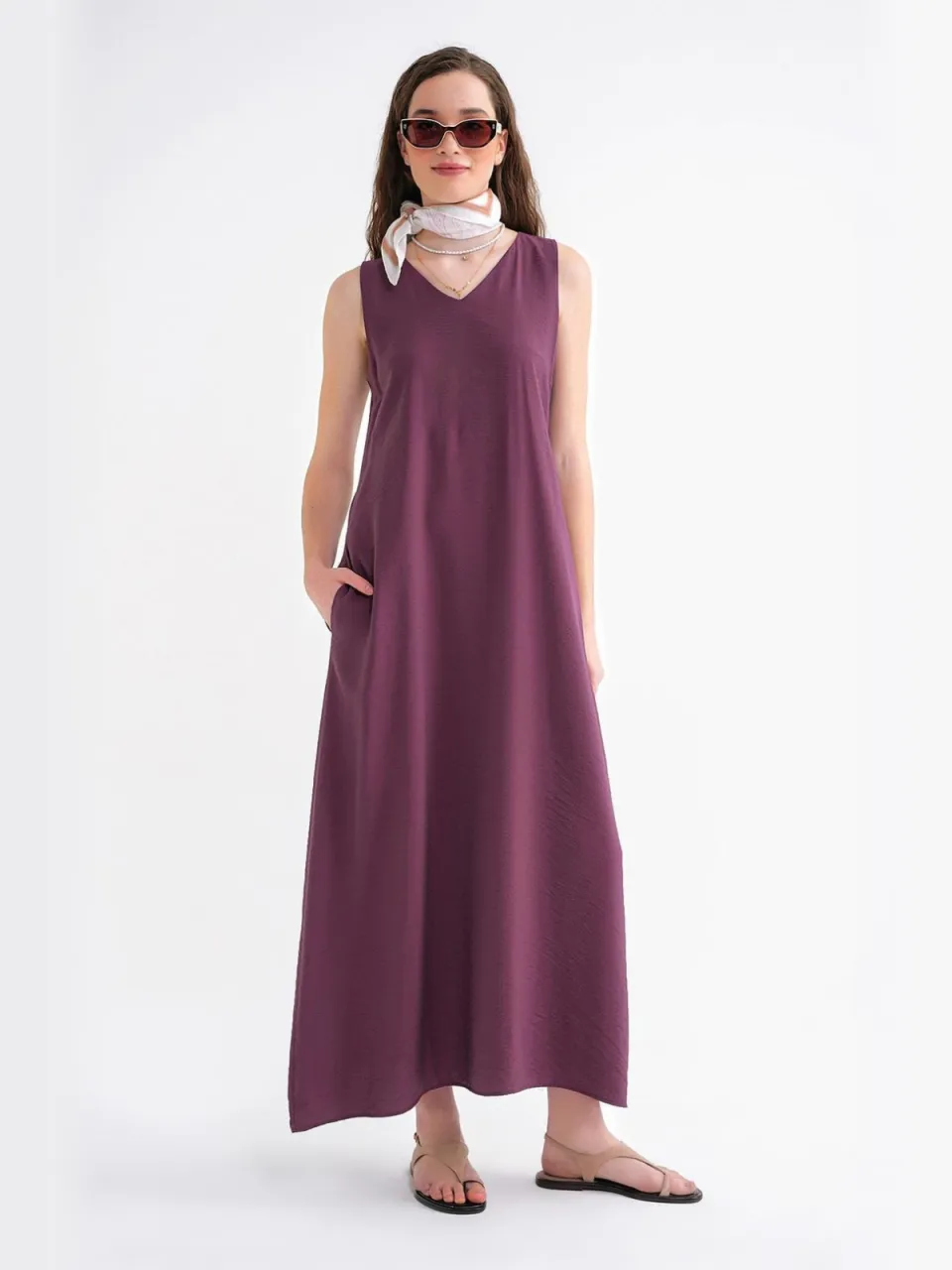 Mixray V-hals Mouwloze Maxi-jurk met Pocketen bordeauxrood, foto 2