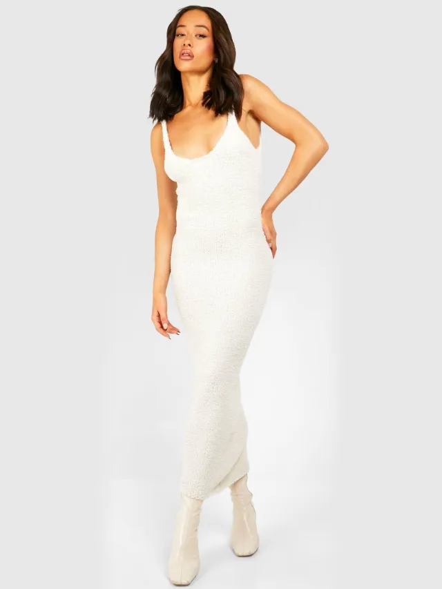 boohoo Dames Teddy Soft Knit Scoop Midaxi Jurk Ivoor