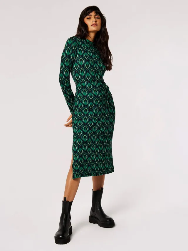 Apricot Midi-jurk van gebreid materiaal met Geo Leaves-print Groen