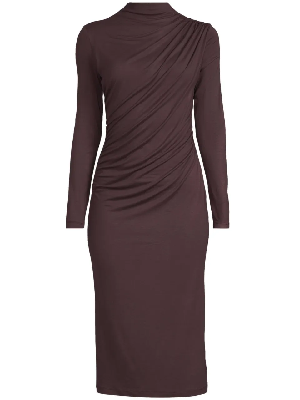 Anytime jersey midi jurk met gedrapeerd detail donkerbruin, foto 2