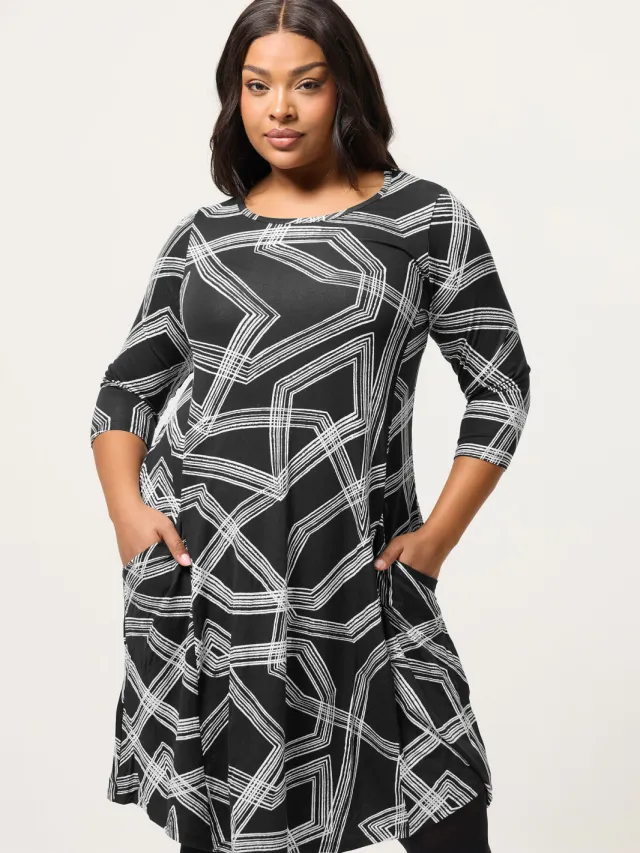 Yours Zwarte Abstracte Jurk Met Zakken Black