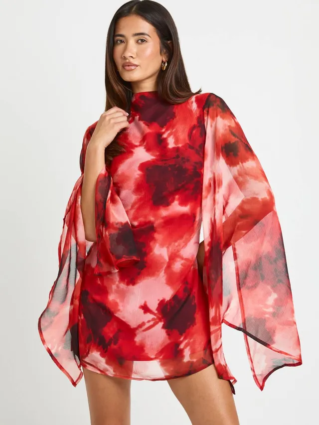 boohoo Dames Chiffon Bloemen Mini Jurk Met Uitlopende Mouwen rood, foto 2
