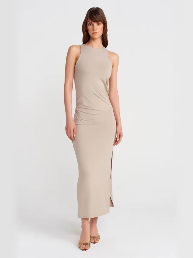 Dilvin Mouwloze Bodycon Maxi-jurk met Split Beige