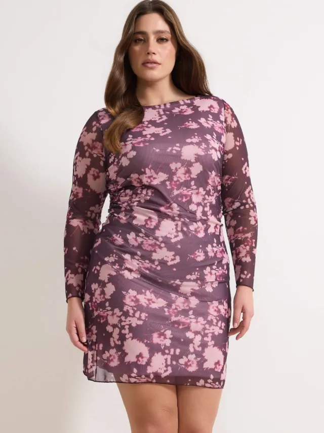 Trendyol Curve Dames Bordeaux Bloemen Kort / Mini Lang Casual A-lijn Grote maten Jurk Bordeauxrood