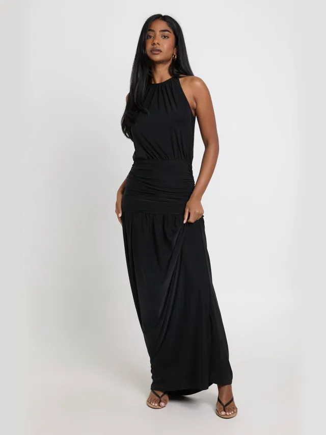 boohoo Dames Superzachte Geplooide Maxi-jurk Met Verlaagde Taille Zwart