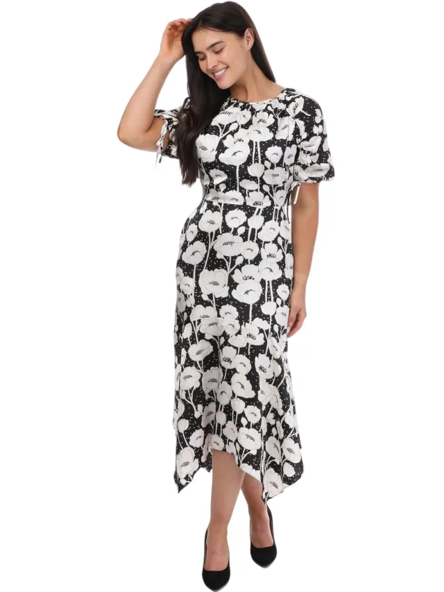 Ted Baker Abriee Poppy midi-jurk met bloemenprint en pofmouwen voor dames (Zwart)