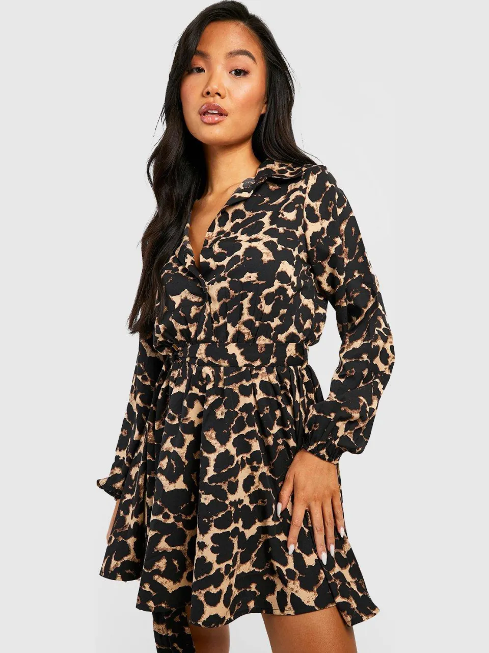 boohoo Dames Petite Luipaardprint Skater Shirtjurk zwart, foto 3