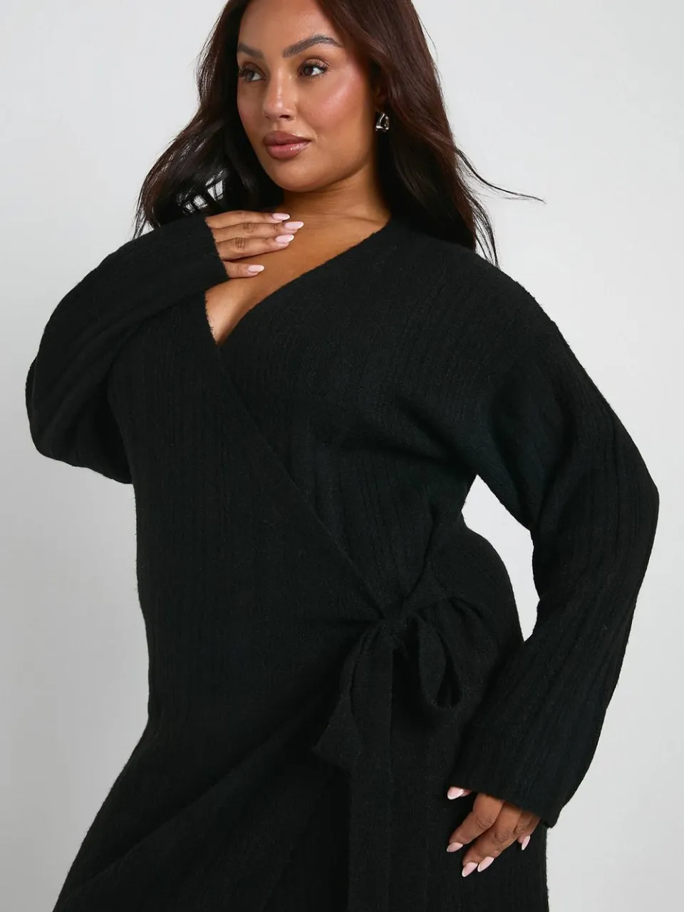 boohoo Dames Plus Lichtgewicht Mixed Rib Wrap Jurk zwart, foto 4