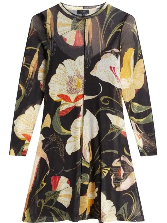 Ted Baker Dames midi-jurk van mesh met bloemen en lange mouwen (Zwart), foto 2