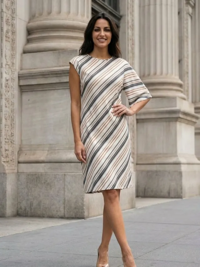 MyFashion Asymmetrische Gestreepte Maxi-jurk met Ronde Hals Bruin