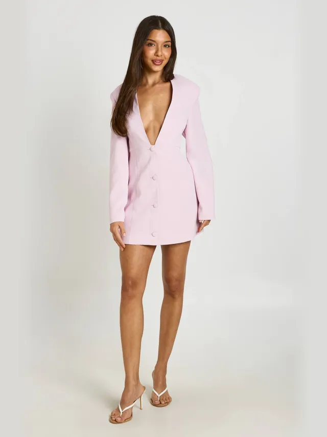 boohoo Dames Getailleerde Blazerjurk Met Diepe V-hals En Gestructureerde Schoudervulling Pastelroze