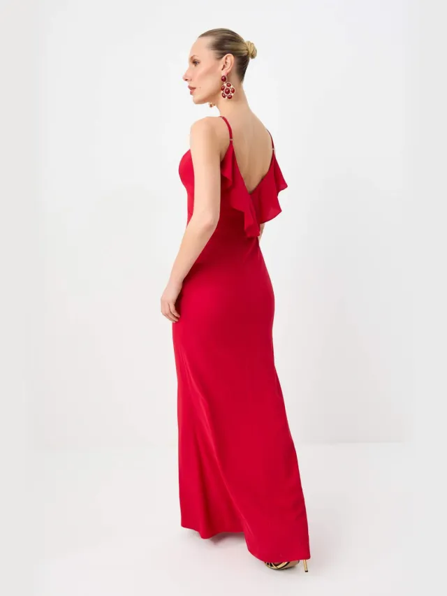 Trendyol TRENDYOLMİLLA Dames Rood Effen Maxi Mouwloos Recht Avond & Gala Jurk