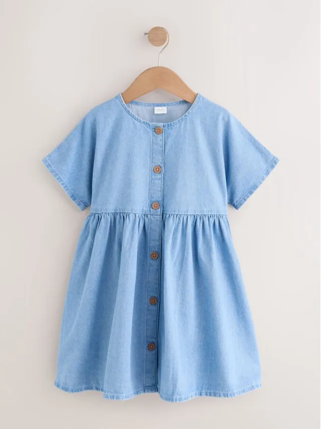 Next Meisjes - Denim jurk met knoopsluiting en korte mouwen - Blauw Blue