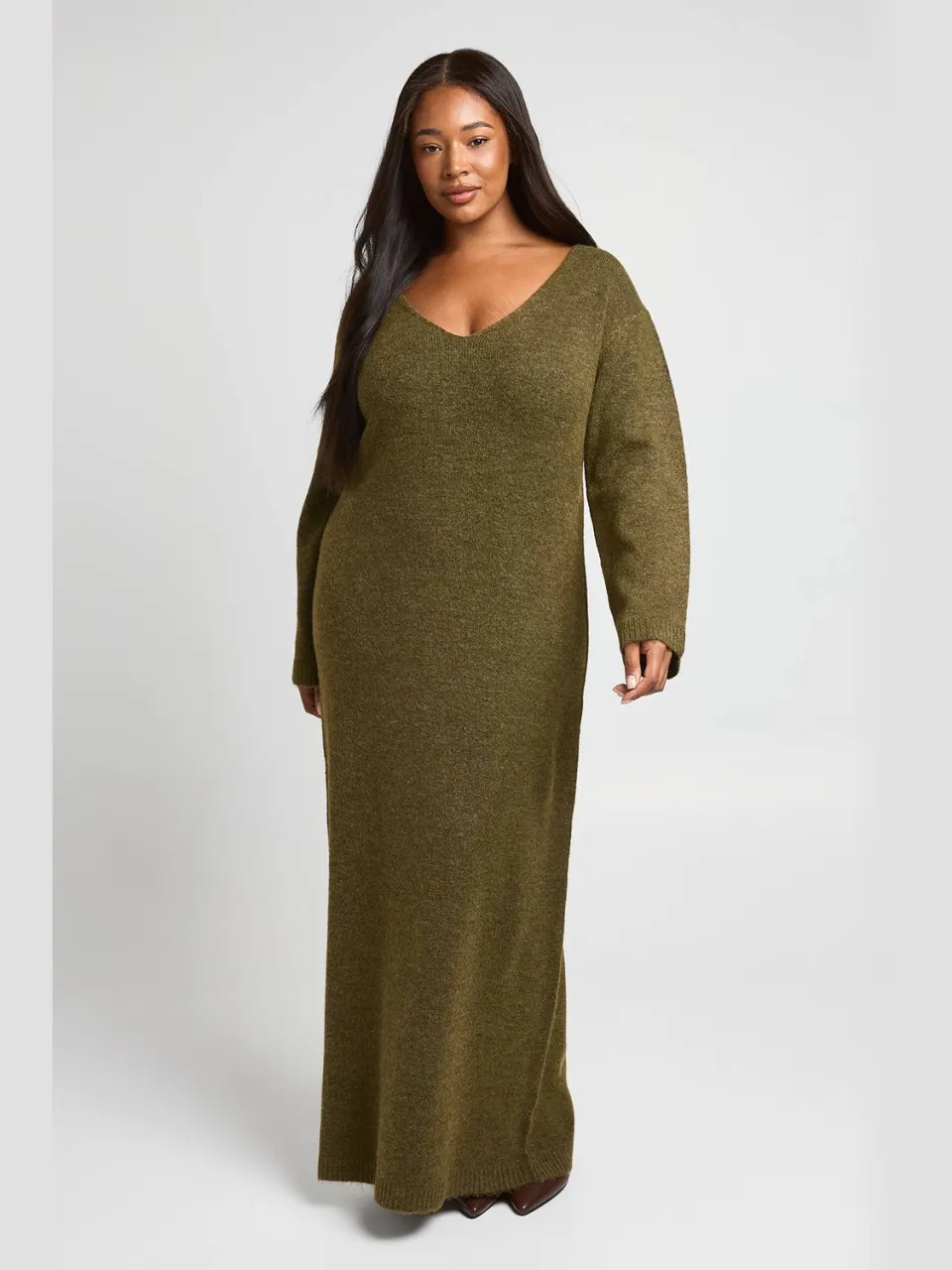 boohoo Dames Plus V-hals Gebreide Maxi Jurk Met Lange Mouwen olijf, foto 3