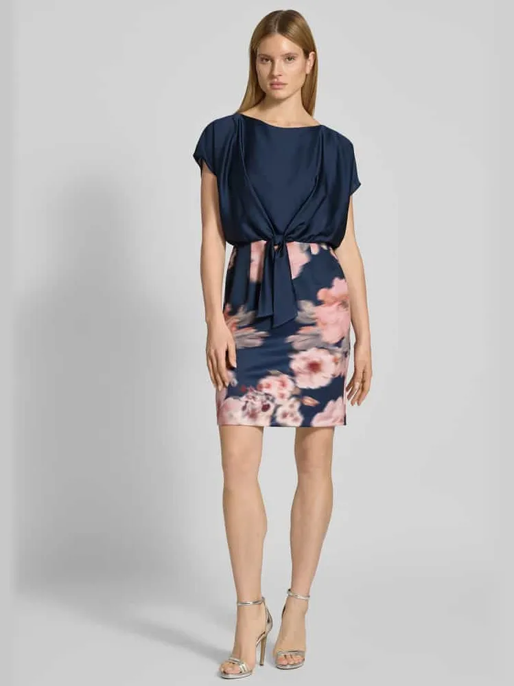Swing Knie-lange cocktailjurk met knoopdetail blauw, foto 3