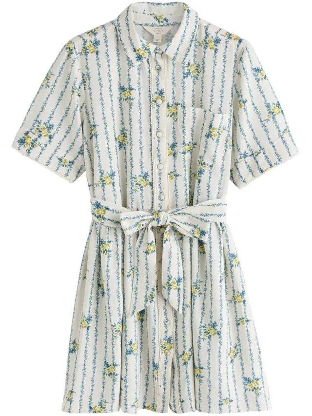 Next Dames - Seminal x Lindsey Cherek Waller shirtjurk met korte mouwen en strik in de taille - Wit Ecru/Yellow Floral Print