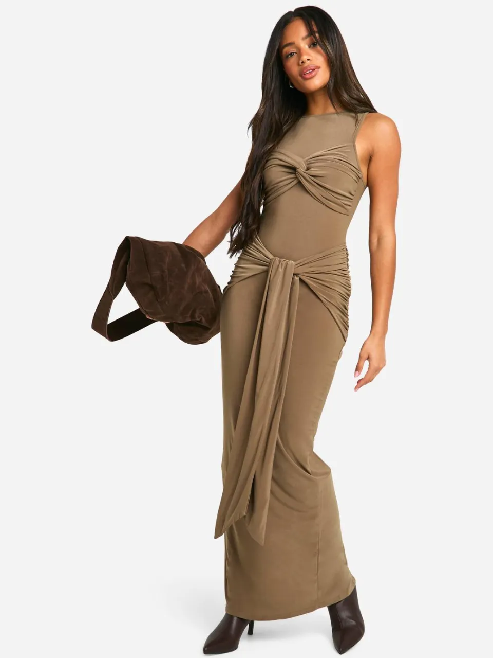 boohoo Dames Geraffelde Twistdetail Racer-nek Maxi Jurk paddestoel, foto 2