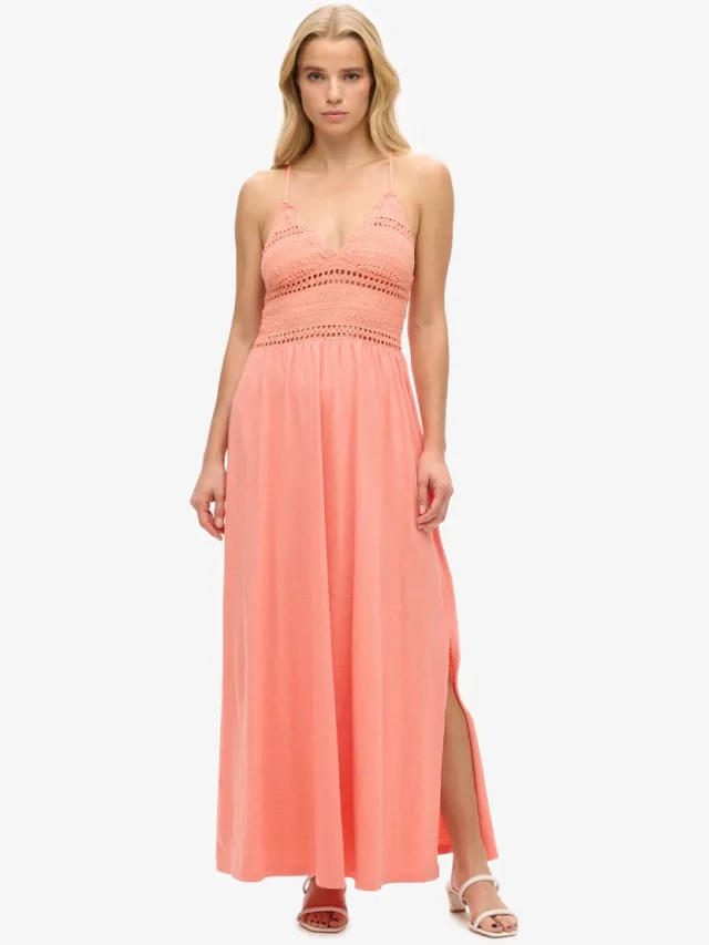 Superdry Jersey maxi-jurk met kant - Dames - Jurken fusion coral