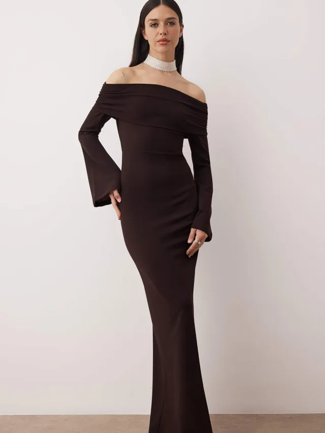 Trendyol TRENDYOLMİLLA Dames Bruin Effen Maxi Lang Gala Recht Avond & Gala Jurk