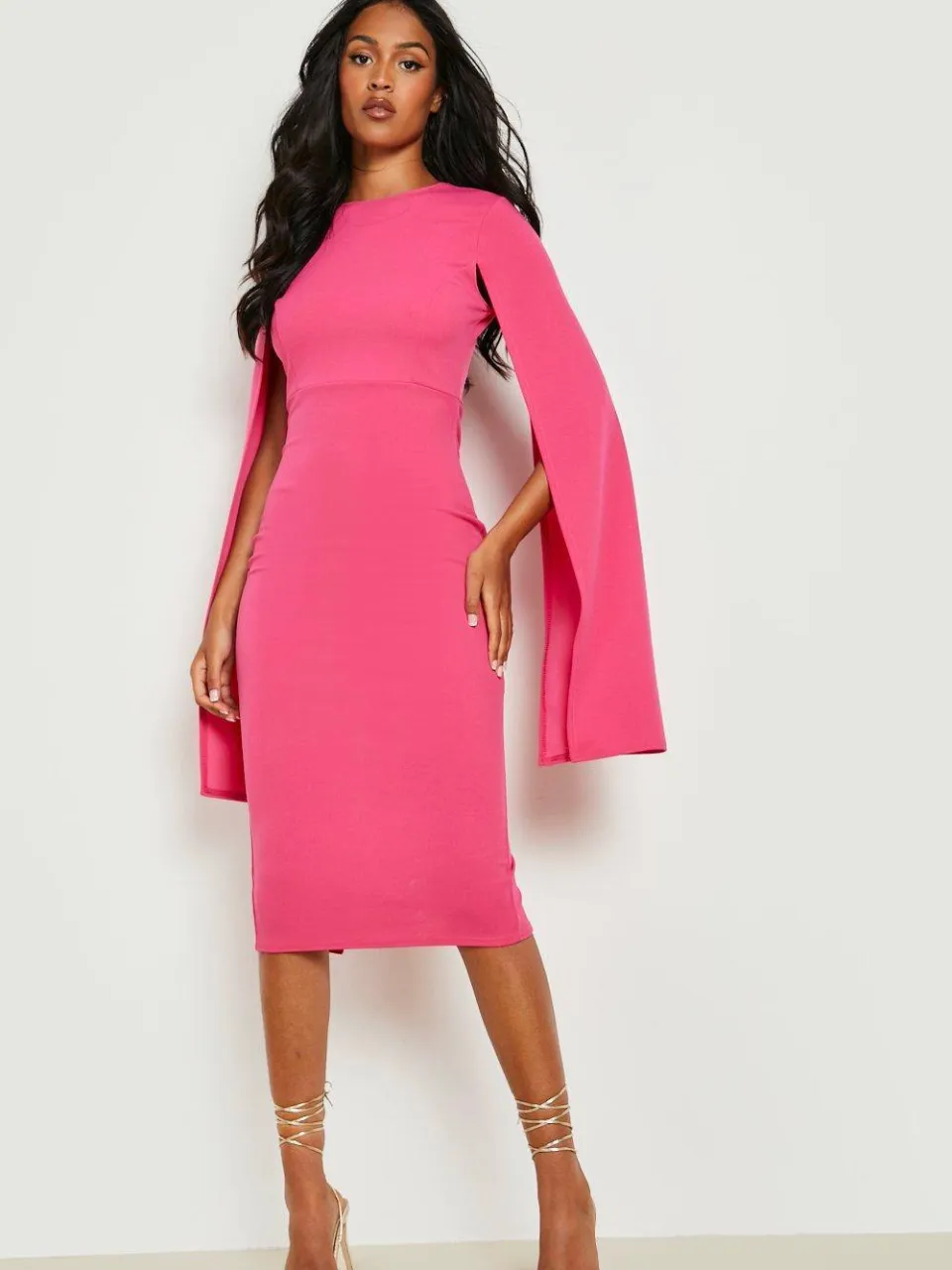 boohoo Dames Tall Cape Sleeve Midi Bodycon Jurk felroze, foto 4