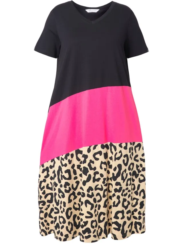 MIAMODA Dames - Jurk A-lijn colorblocking met dierenprint - Zwart