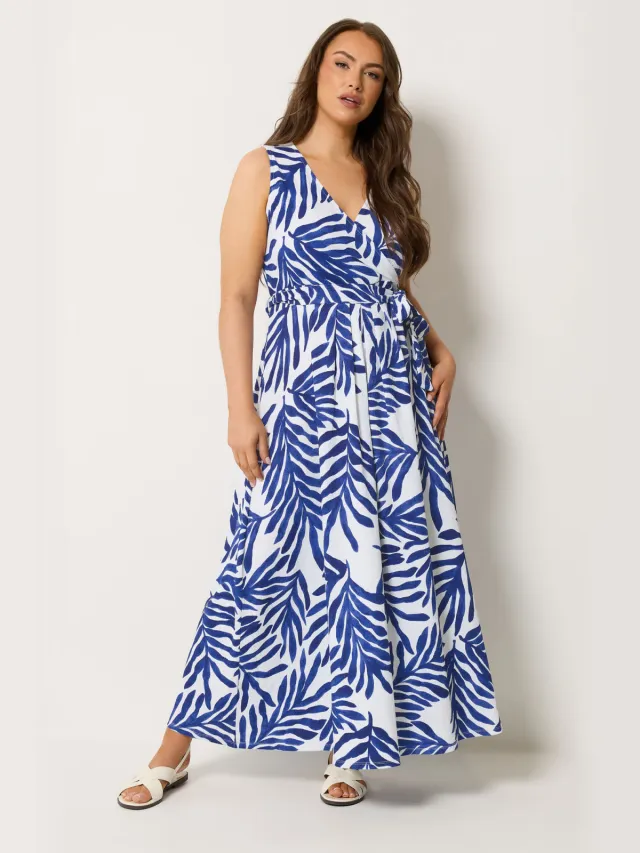 Yours Blauwe Wikkeljurk Met Palmbladprint Aan De Voorkant-60 Blue