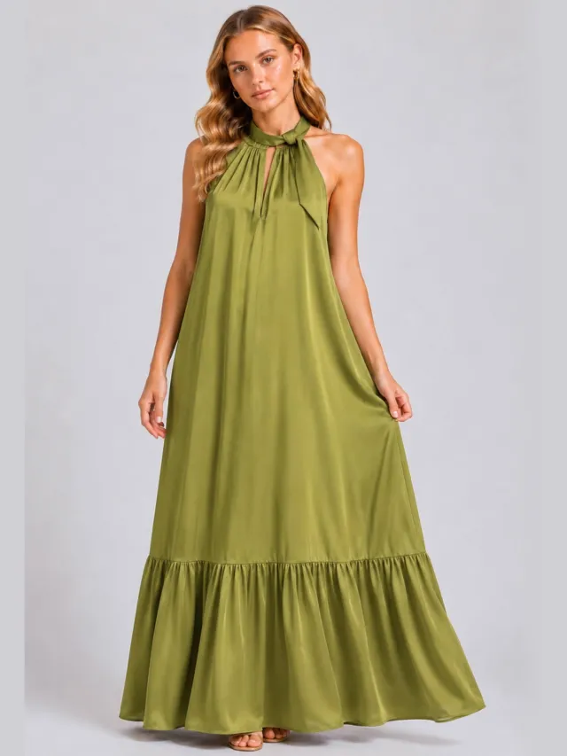 Freebird viscose halter maxi jurk - groen