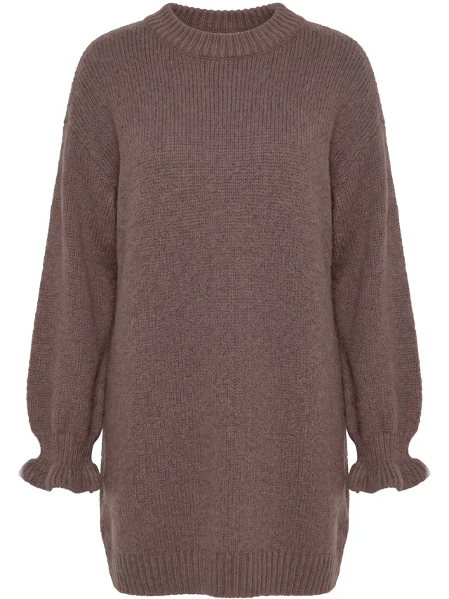 Studio Untold Dames - Gebreide jurk oversized mouwen met ruches - Noisette - Maat 54+