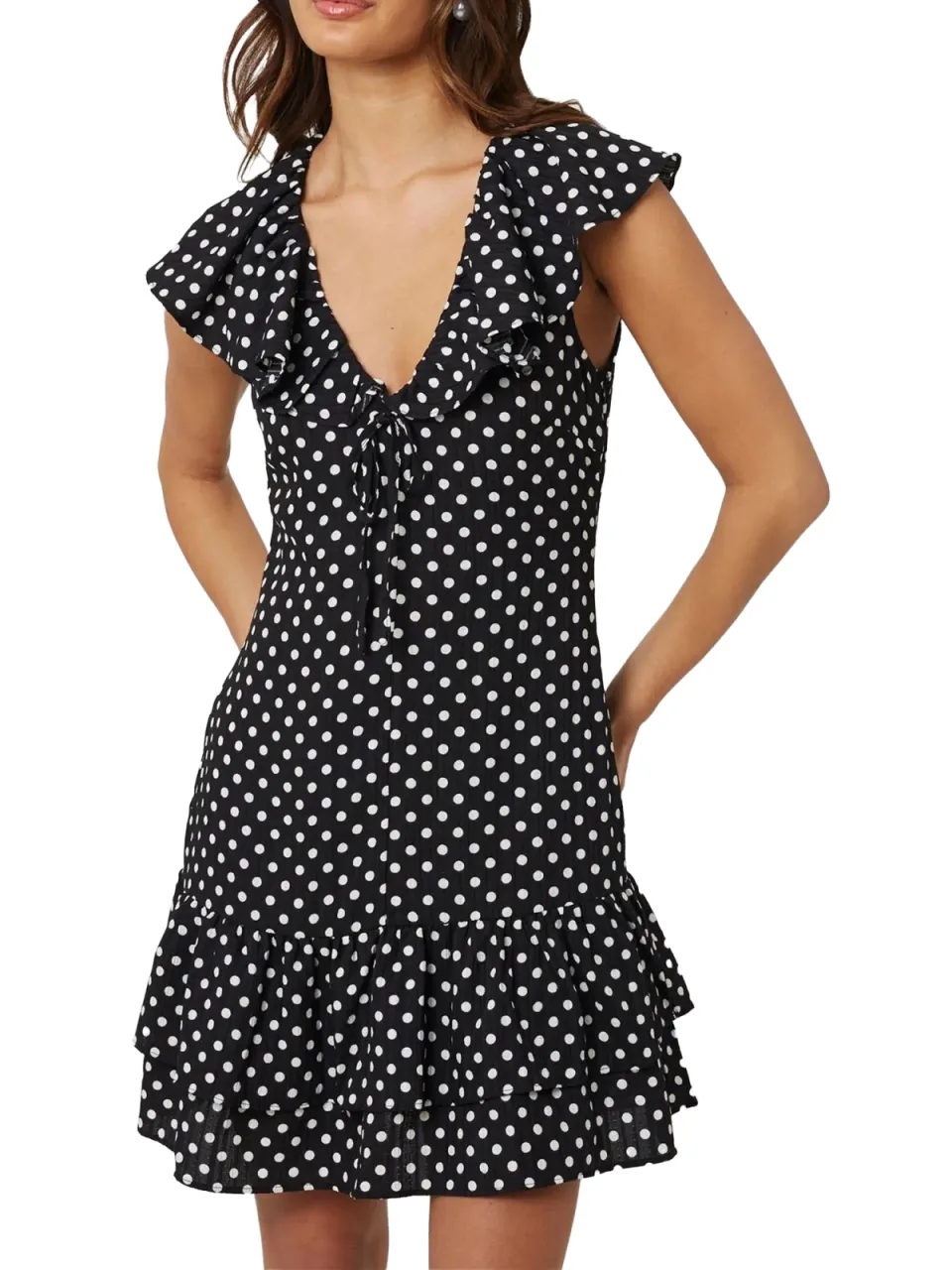 Brave Soul Mini-jurk voor dames met stippen en ruches (Zwart/Crème), foto 2