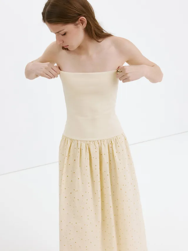 Mango strapless maxi broderie jurk - lichtgeel