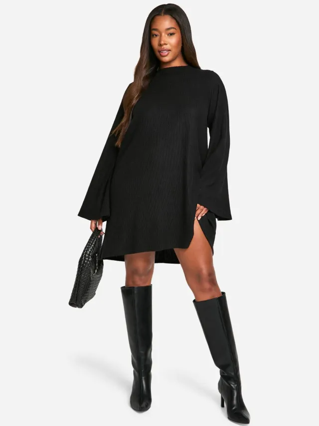 boohoo Dames Plus Soft Rib Tie Back Smock Jurk Zwart