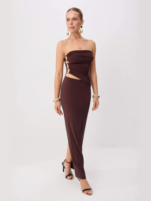 Trendyol TRENDYOLMİLLA Dames Bruin Effen Maxi Mouwloos Recht Avond & Gala Jurk