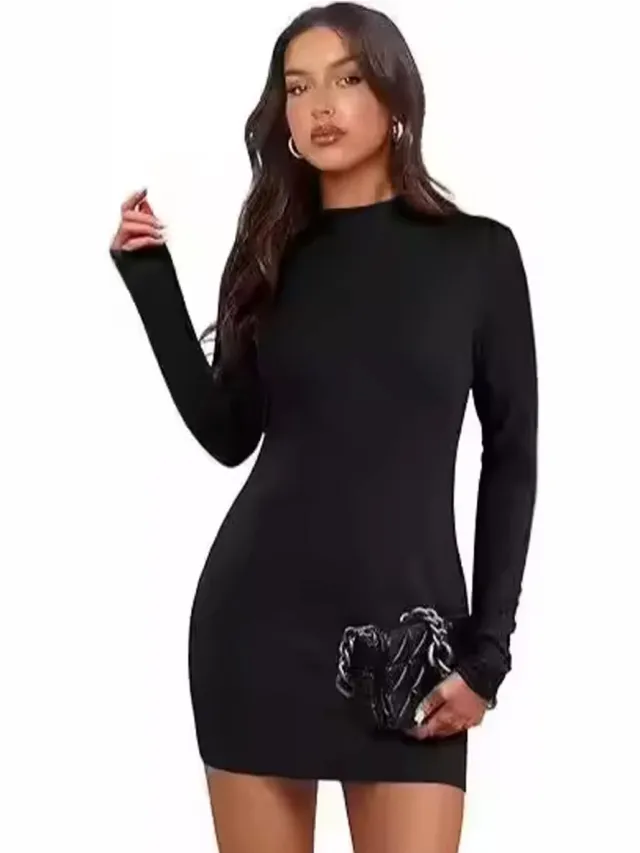 RedParrot Slim Fit Dames Jurk - Aansluitend - Lange Mouwen - Dress Zwart
