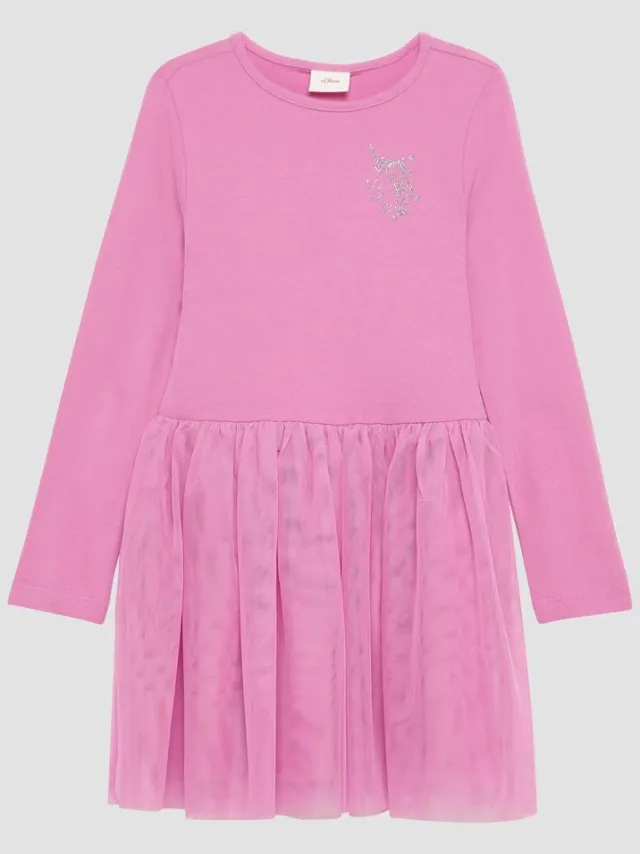 S.Oliver female - Jersey jurk met tule rok en glitterprint roze