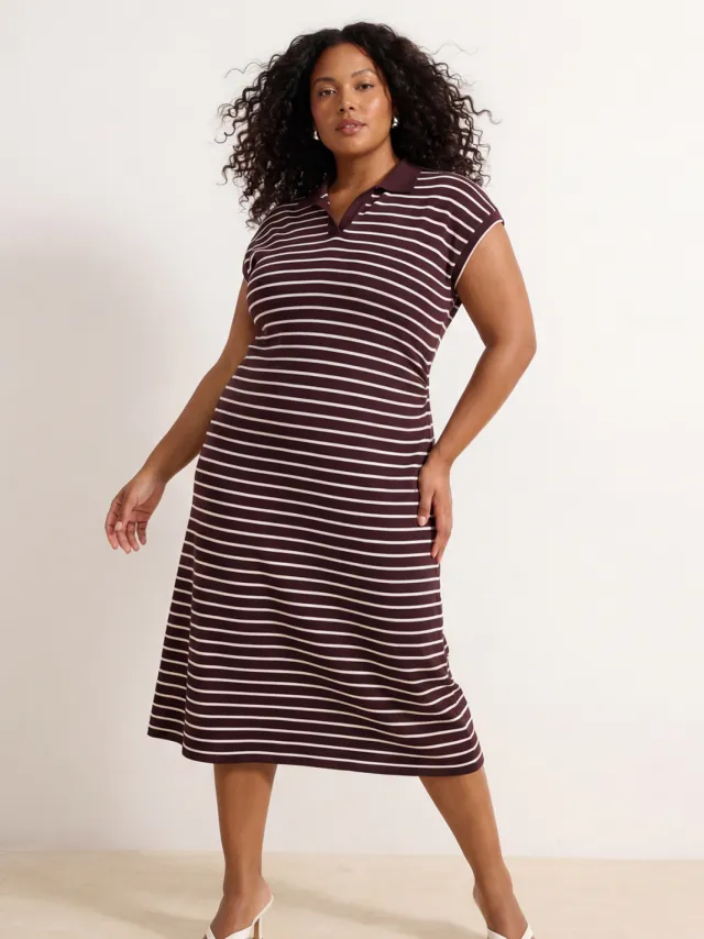 Trendyol Curve Dames Bordeaux Gestreept Midi Kort Casual A-lijn Grote maten Jurk Bordeauxrood