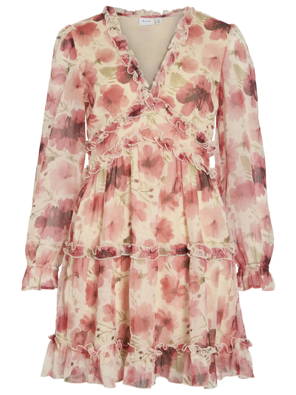 Vila mini jurk met ruches en bloemenprint ecru/ roze, foto 2