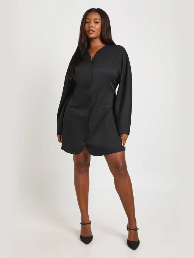 boohoo Dames Plus Size Kraagloze Blazerjurk met Getailleerde Taille Zwart