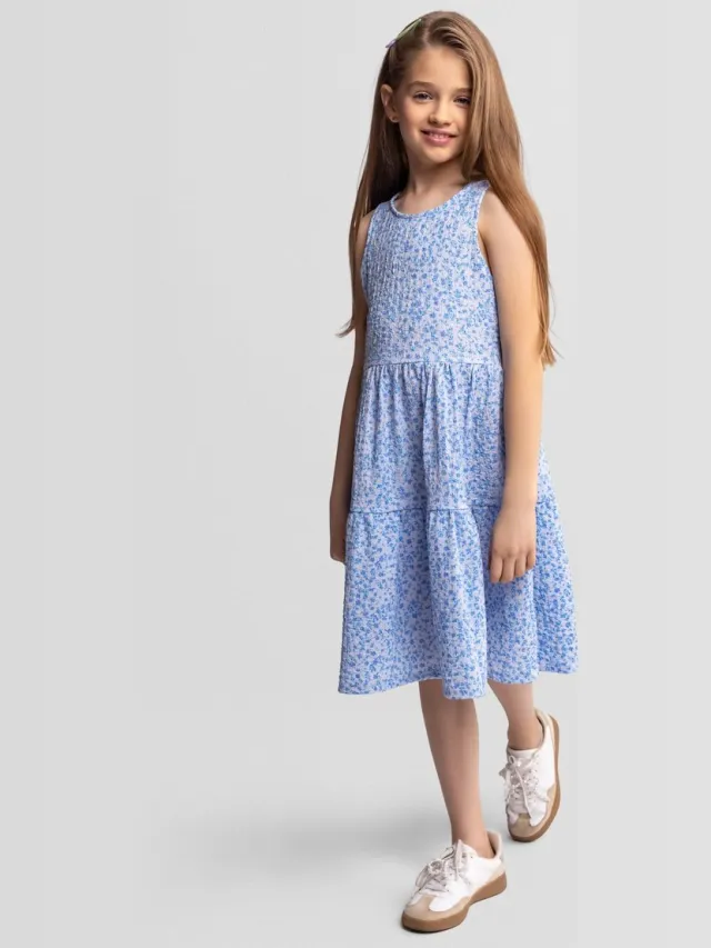 Minoti jurk meisjes bloemenprint mouwloos blauw - kniehoogte