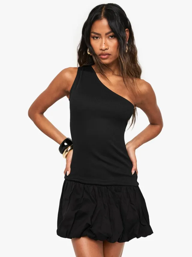 boohoo Dames Jersey Rib Cotton Mix One Shoulder Puffball Mini Jurk Zwart