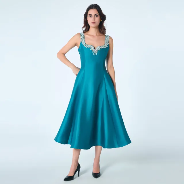 Smart & Joy Cocktailjurk met hartvormig decolleté en kralen Blauw