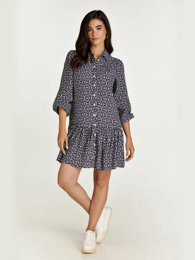 Conquista Navy en witte print jurk met knopen Blauw/Marineblauw