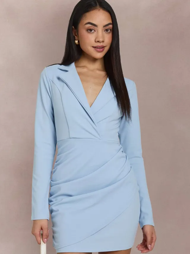 boohoo Dames Wikkel Blazerjurk Met Lange Mouwen Pastelblauw
