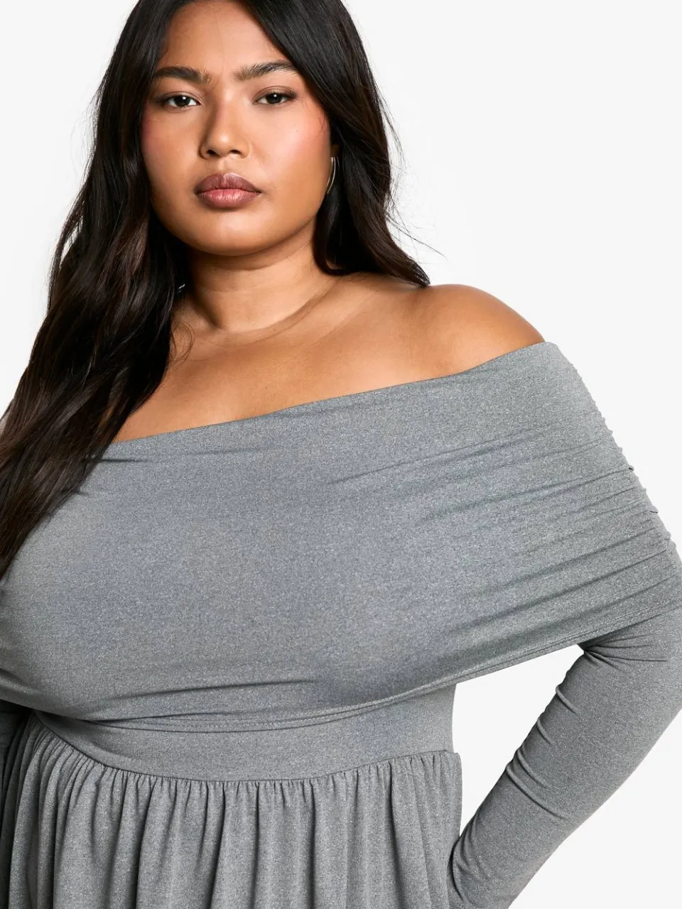 boohoo Dames Plus Jersey Off Shoulder Skater Jurk grijze mergel, foto 4