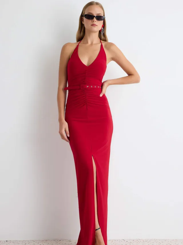 Trendyol TRENDYOLMİLLA Dames Rood Effen Maxi Mouwloos Recht Avond & Gala Jurk