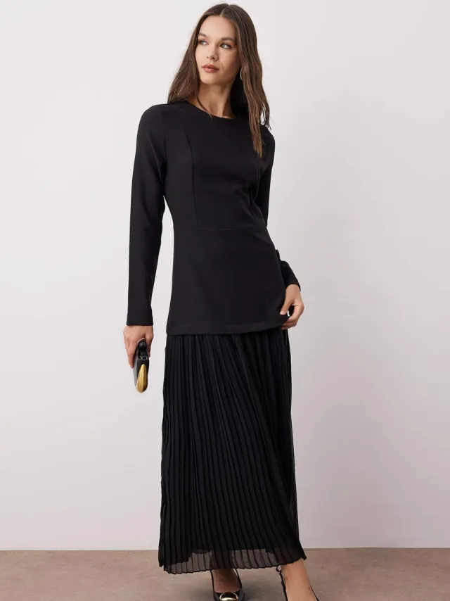 Turkishsouq Dames platte maxi lange chique/nachtjurk met hijab Zwart