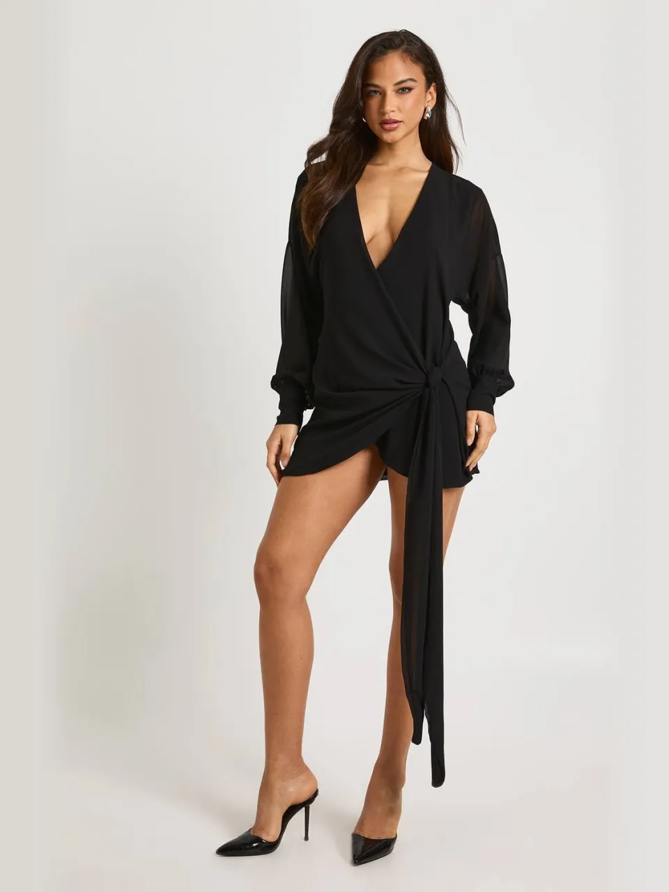 boohoo Dames Mini-wikkeljurk met lange mouwen zwart, foto 3