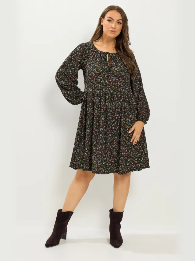 Yours Zwarte Jurk Met Kleine Bloemetjes En Strikhals-52 Black