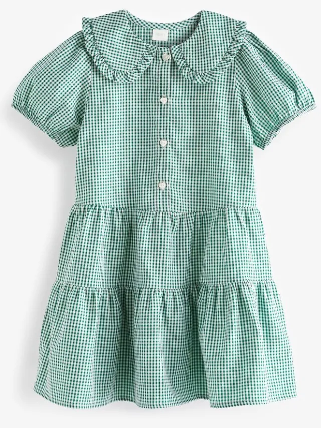 Next Meisjes - Jurk met mooie kraag, van katoenrijk naar school met gingham-ruit - Groen Green