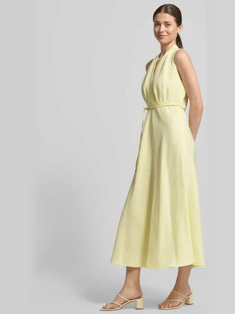 LUISA CERANO Midi-jurk met V-hals en bindceintuur lichtgeel, foto 3