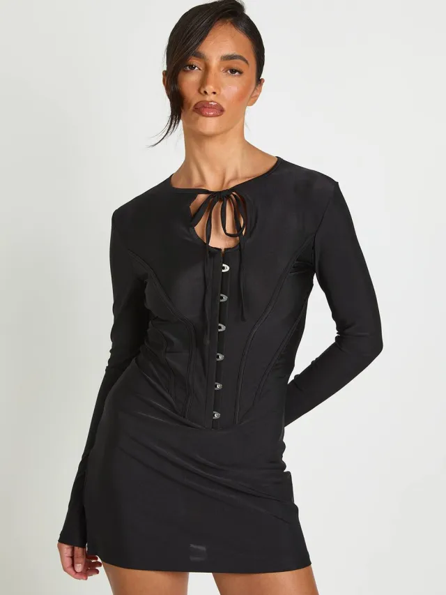 boohoo Dames Mini-jurk Met Hoge Hals En Corsetdetail zwart, foto 2